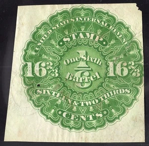 Beer Stamp 1866 REA2 16 2/3cents green 1/6th Barrel Used Newark Brewing oval cds - Picture 1 of 2
