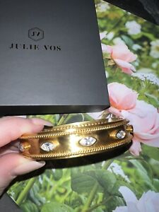 NEW Julie Vos Clear Crystal & 24k Gold Plate Hinged Bangle Bracelet Cuff NWT