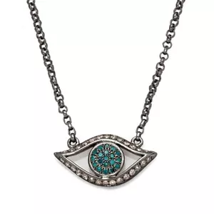 925 Sterling Silver Real White & Blue Diamond Evil Eye Charm Necklace, 0.25ctw - Picture 1 of 3