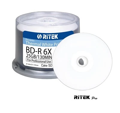 50 RITEK PRO Thermal white Printable Blank BDR BD-R discs Blu Ray 6x 25GB 130M