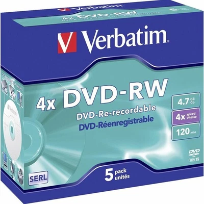 1x5 Verbatim DVD-RW Rewritable Discs 4.7GB speed4x JEWEL CASE 43285 NEU 003-430 - Bild 1 von 2
