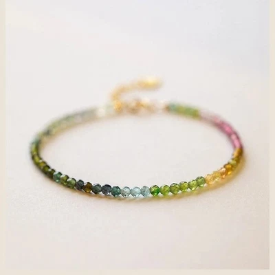 Natural 2mm Rainbow Tourmaline Stone Beaded Dainty Bracelet Minimalist Handmade - Image 1 of 4