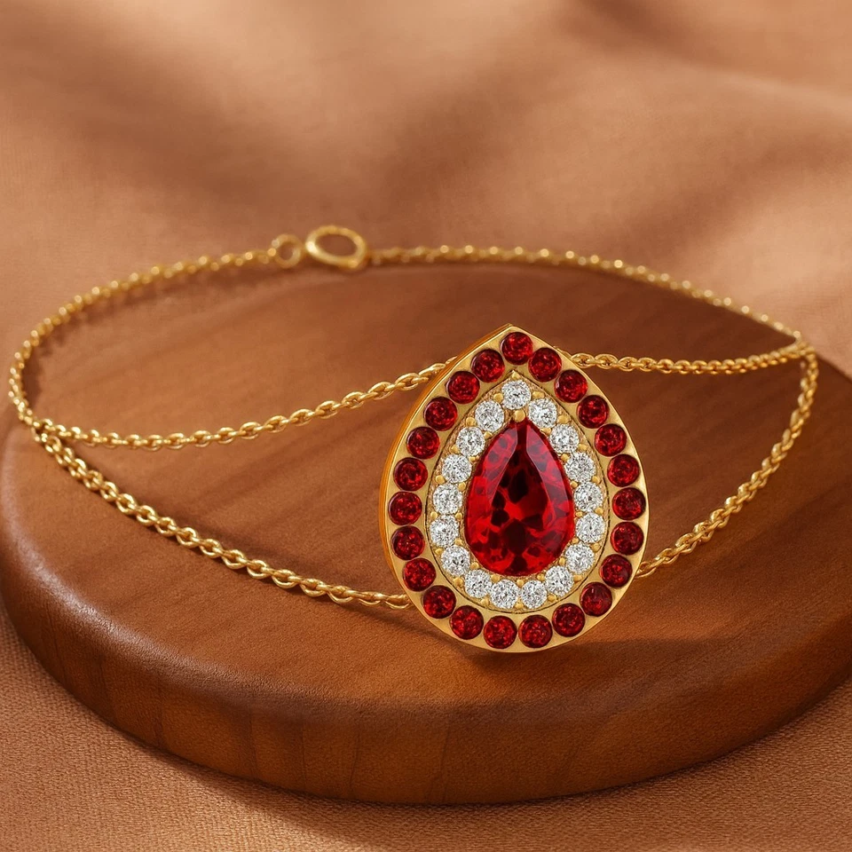 Teardrop Ruby & Diamond Bracelet in 14K Solid Gold – July Birthstone # 1007 - Image 1 of 1