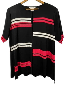 Exclusively Misook Short Sleeve Knit Cardigan Hook Closure Black Pink Stripe L - Picture 1 of 6
