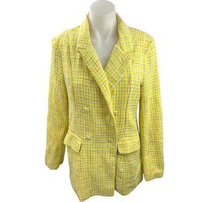 Chaqueta Blazer Fate Mujer Amarilla Doble Pecho Cuadros Tweed Carrera Negocios S Foto 1 de 4