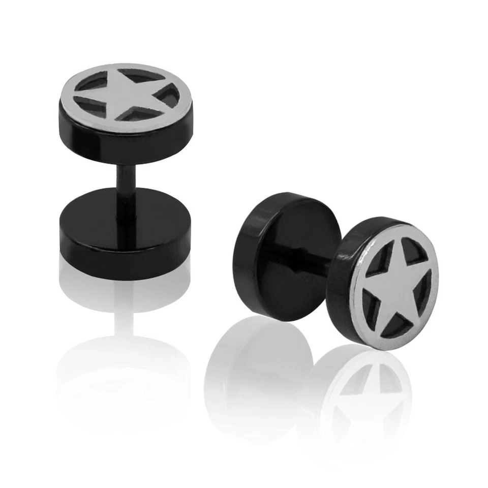  Fake Plugs Fake Tunnel Ohrstecker aus Edelstahl mit Stern Motiv silber schwarz  - Bild 1 von 1