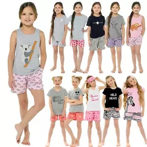 Girls Short Pyjamas Kids Jersey Summer Short Sleeved Pyjama Set Nightwear PJs - Picture 1 of 19
