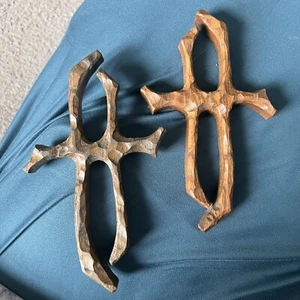 Vintage Set Of 2 Handmade/Carved Wooden Cross Signed - Picture 1 of 4