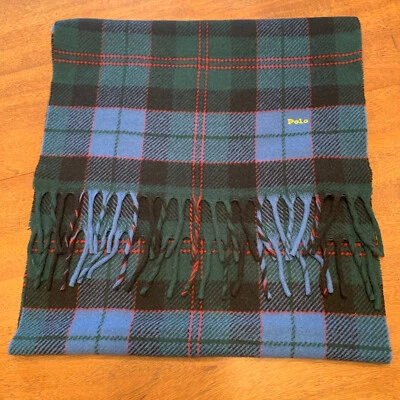 Ralph Lauren Logo Deletreado POLO Cuadros Azul Negro Lana Suave Cachemira 19.5" Ancho Foto 1 de 4