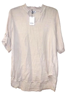 Rosemarine 100% Linen Top High/Low Tunic Roll Up Sleeve Ruffle Neck Italy Sand L - Picture 1 of 6
