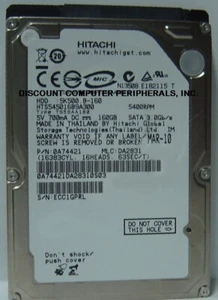 160GB 2.5" SATA II HTS545016B9A300 Hitachi 9.5mm 5400RPM Hard Drive Tested Good - Picture 1 of 1