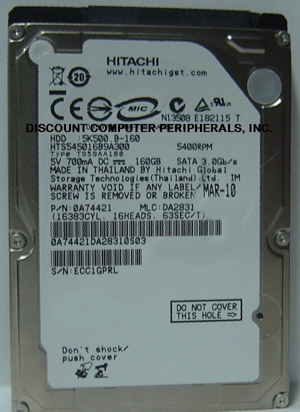 160GB 2.5" SATA II HTS545016B9A300 Hitachi 9.5mm 5400RPM Hard Drive Tested Good - Image 1 of 1