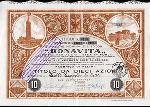 Certificato azionario Società Bonavita (Forlì), titolo da 10 azioni - 1952 - Imagen 1 de 3