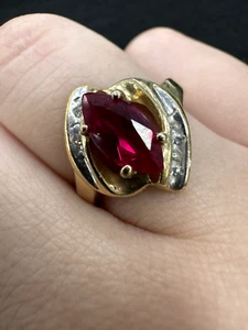 Lab Created Chatham Ruby & Diamond Ring, 10k Yellow Gold, Size 7.5 - Picture 1 of 13