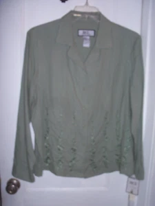 WOMENS BICE BY SAG HARBOR BUTTON LINEN EMBROIDERED SEAWEED GREEN BLOUSE XL NWT - Picture 1 of 7