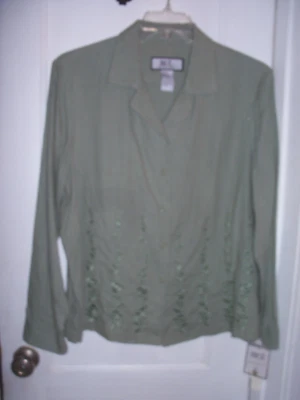 WOMENS BICE BY SAG HARBOR BUTTON LINEN EMBROIDERED SEAWEED GREEN BLOUSE XL NWT - Image 1 of 4