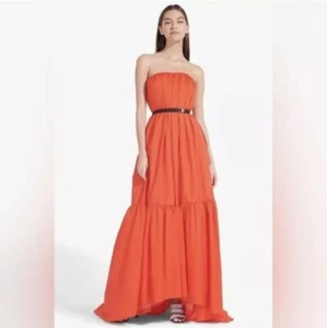 $695 STAUD Rosy Dress Gown in Tomato Red - Picture 1 of 4