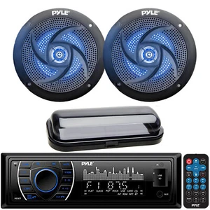 Pyle Bluetooth Marine Receiver, Cover, 2x 4" 100W Blue Flashing LED Speaker - Picture 1 of 5