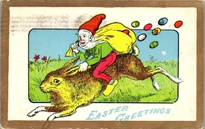 Vintage Easter Postcard  Creepy Elf Gnome Clown Riding on Rabbit 1911 Fantasy - Picture 1 of 3