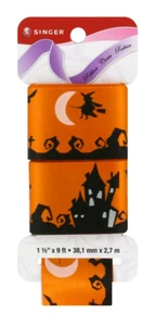 NEW Singer Ribbon Haunted House design orange & black 1.5 in x 9 ft satin fabric - Picture 1 of 3