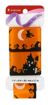 NEW Singer Ribbon Haunted House design orange & black 1.5 in x 9 ft satin fabric - Image 1 of 3