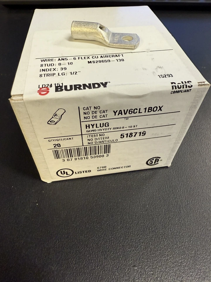 Burndy YAV6CL1BOX 6Awg Ring Lug - BOX OF 20