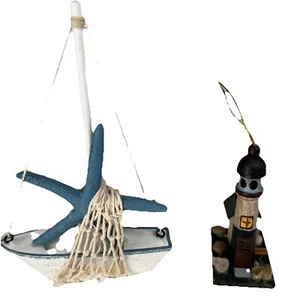 Vintage Wooden Sailboat Starfish & Lighthouse Nautical Dollhouse Miniature Boat - Picture 1 of 7