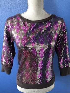 Express Women’s Purple Silver Sequin Gray Argyle Sweatshirt Top Shirt XS EUC - Picture 1 of 8