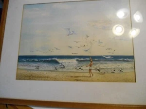 vintage john satterthwaite watercolor boy feeding seagulls on beach painting - Picture 1 of 4