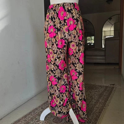 Vtg 70s Vibrant Floral Wide Leg Palazzo Pants Black Pink Yellow Boho Lounge - Image 1 of 4