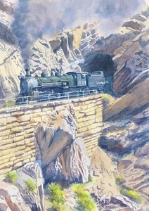 Locomotora de vapor de ferrocarril escénico Cumbres & Toltec Nuevo México estampados artísticos enmarañados - Imagen 1 de 2