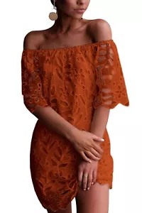 Women's Summer Off Shoulder Vintage Floral Lace Flare Elegant Mini Dress Red - M - Picture 1 of 8