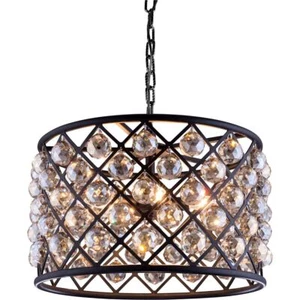 Matte Black with Golden Teak Crystal Chandelier Dining Room 6 Light Fixture 20in - Picture 1 of 2