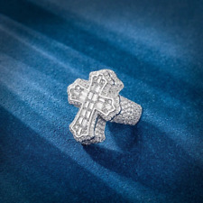 Baguette CZ & Round Moissanite Diamond Cross Men's Ring In 925 Sterling Silver