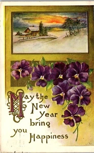 Vintage Postkarte Möge das neue Jahr Ihnen Glück bringen lila Stiefmütterchen Blume - Bild 1 von 3
