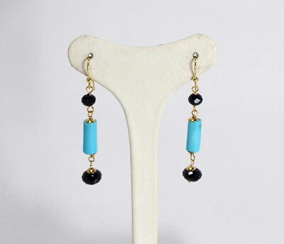 Boucles or Jaune 18KT Turquoise Naturel Mametti Et Spinelles Noirs - Oght 0194- - Photo 1/3