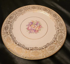 Edwin M Knowles Semi Vitreous 10" Plate Made In USA Floral Gold Design Trim 39-7 - Picture 1 of 13