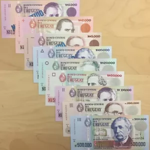 URUGUAY FULL SET NUEVOS PESOS 1.000 - 500.000 1989-1992, UNCIRCULATED YYY - Bild 1 von 1