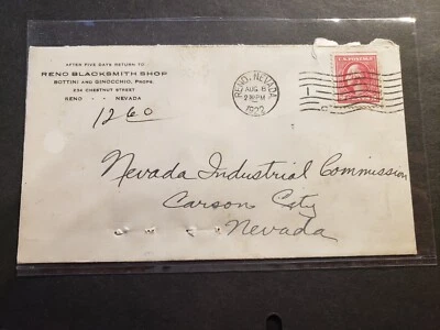 BLACKSMITH SHOP 1922 Postal History Cover RENO to CARSON CITY, NEVADA - Image 1 of 2