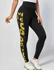 Womens Black Leggings High Waist Side Floral Sunflower Print Slim Pants M(10/38) - Picture 1 of 4