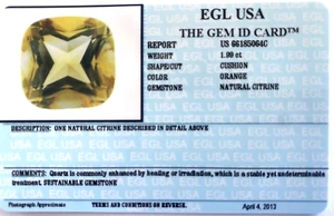 EGL USA Gem ID Card Natural Citrine 1.99ct Cushion Orange Color - Picture 1 of 3