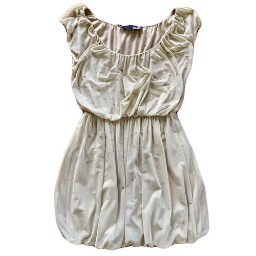 Mini abito da festa LOVE Moschino tg 6 drappeggiato tulle beige perla perline cappuccio manica