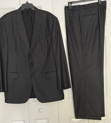 Chaps Ralph Lauren 46L Gray Pinstripe Wool Pleated Cuffed Pants Jacket 2 Pc Suit - Image 1 of 4