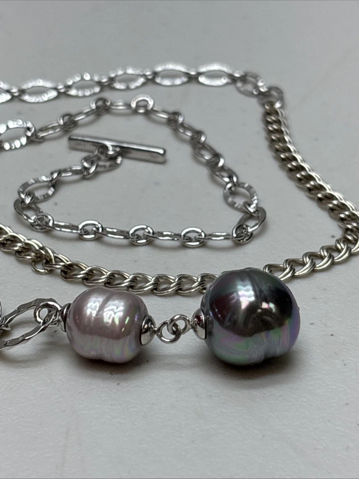 MAJORICA Baroque Pearl 925 Sterling Hammered Link 23" Necklace Toggle Clasp - Image 1 of 4