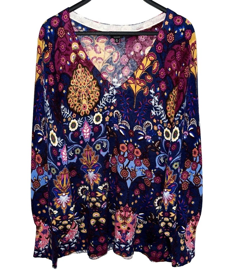 TALBOTS 女式 Plus 2X 100% 羊绒套衫毛衣花卉五颜六色的佩斯利 — 第 1/3 张图片