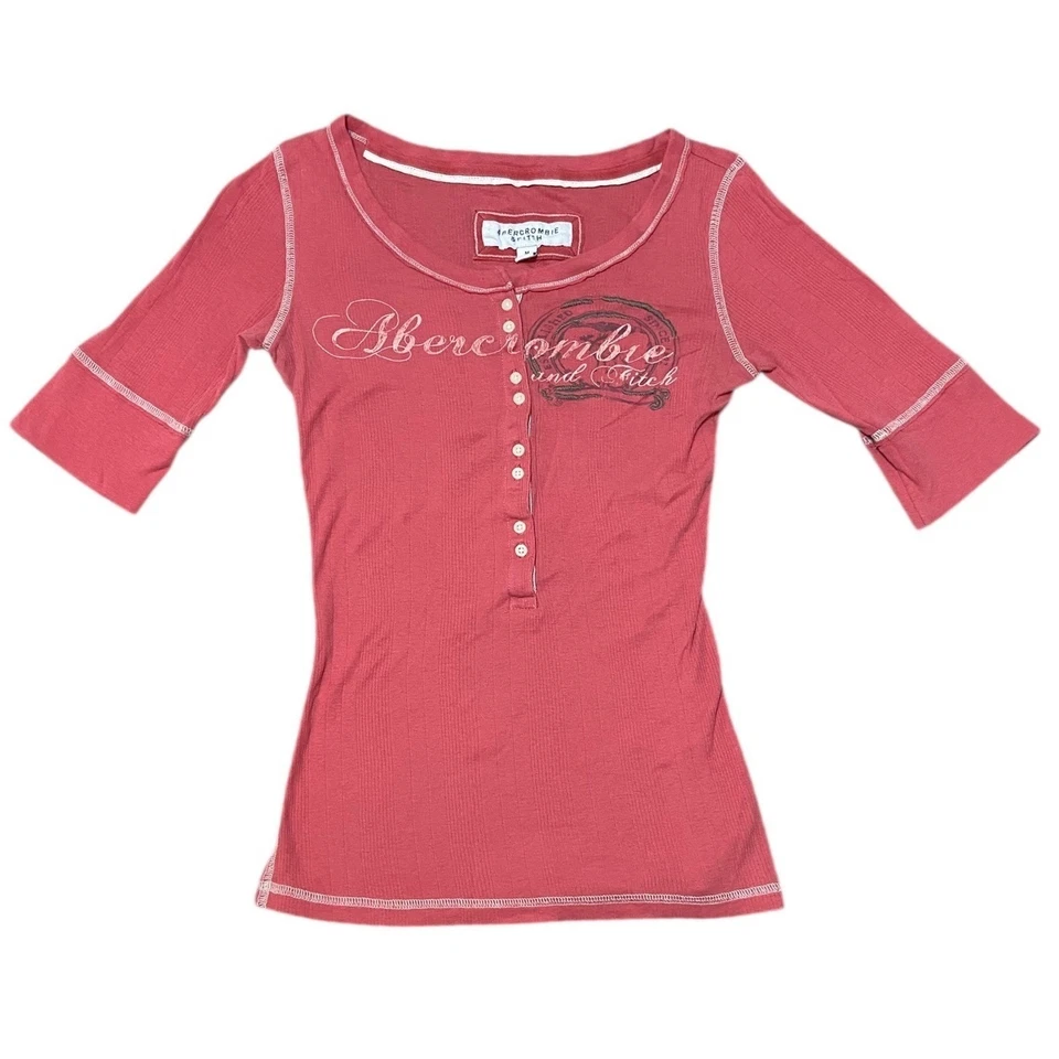 Top Abercrombie & Fitch Vintage Y2K Preppy Henley Acanalado Manga 3/4 Coral Talla M Foto 1 de 4