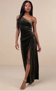 Lulus Velvet One-Shoulder Maxi Dress Olive Green Slit Rush Elegant Stretch NWT - Picture 1 of 7