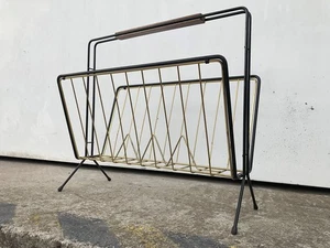 Vintage Italian 50s Mid Century Mod String Art Brass Magazine Rack Stand Wood 60 - Picture 1 of 13
