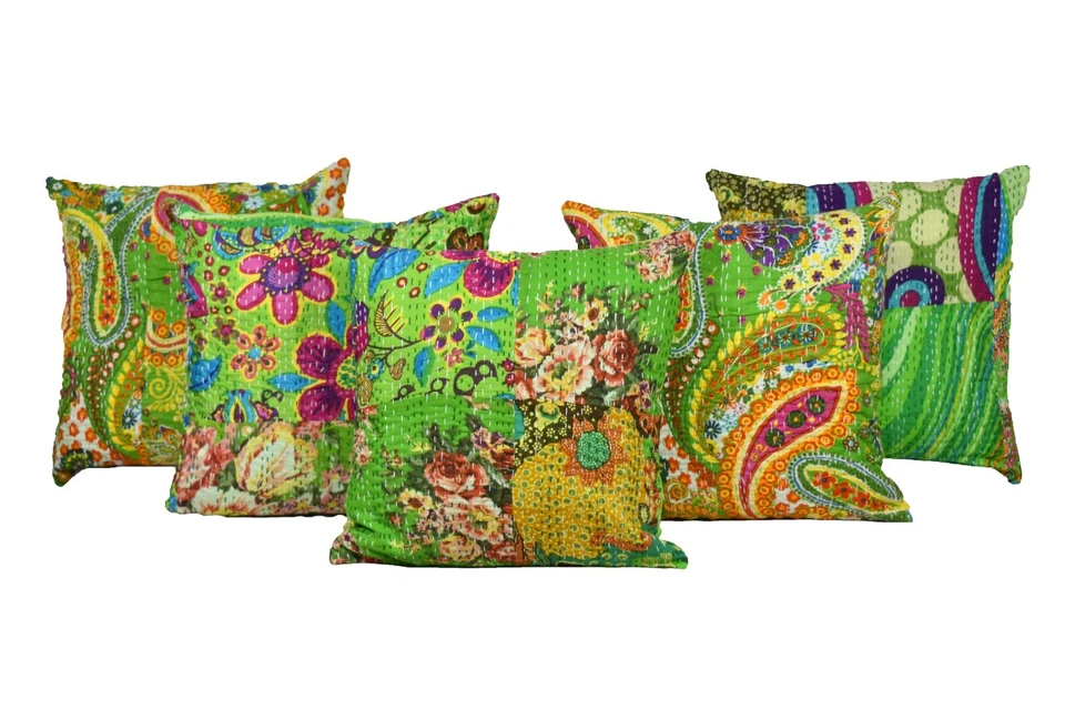 COTTON PATCH KANTHA CUSHION COVER  16x16 Hindicrafts4u Green New Set Of 5 - Image 1 of 1