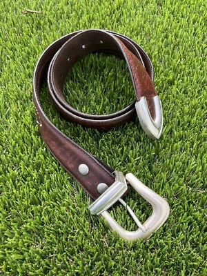 Overland American Bison Leather Belt Sz 40 Brown Silver Stitching Made In USA - Image 1 of 4